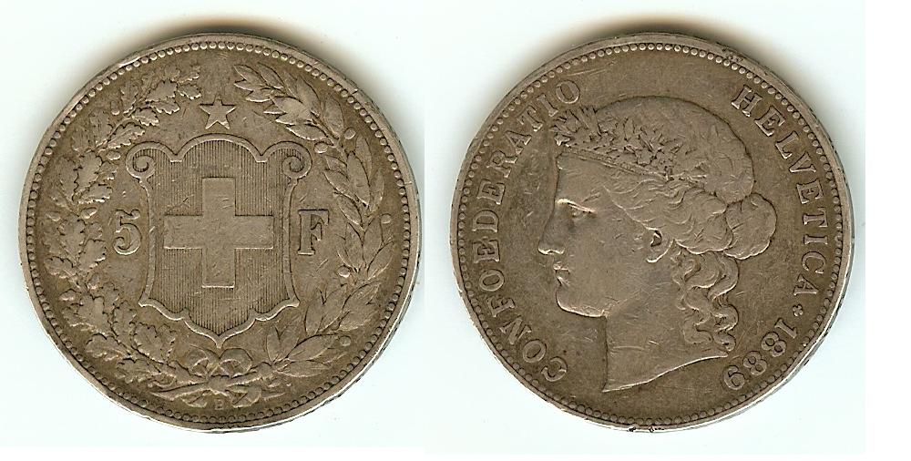 Swiss 5 Francs 1889B VF+